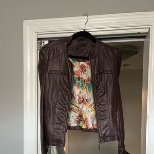 Women’s Brown Leather Moto Jacket with Floral Lining